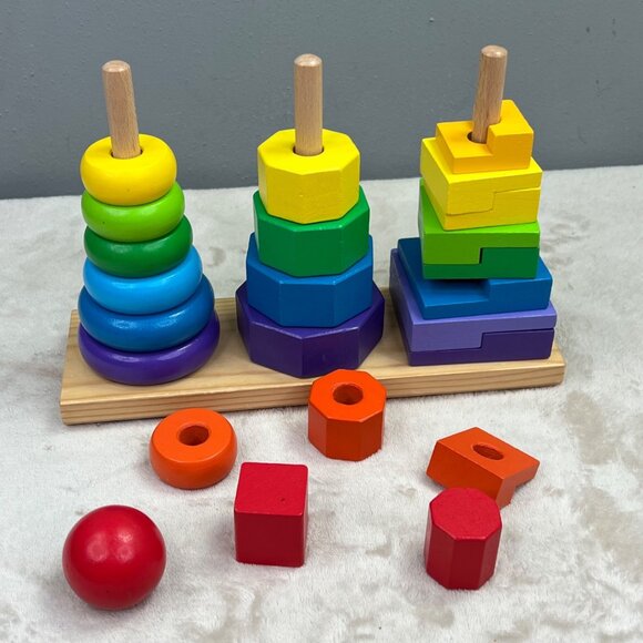 Melissa & Doug Geometric Stacker Wood Rainbow Stacking Shapes 2019 Missing 1 Pc - Picture 5 of 9